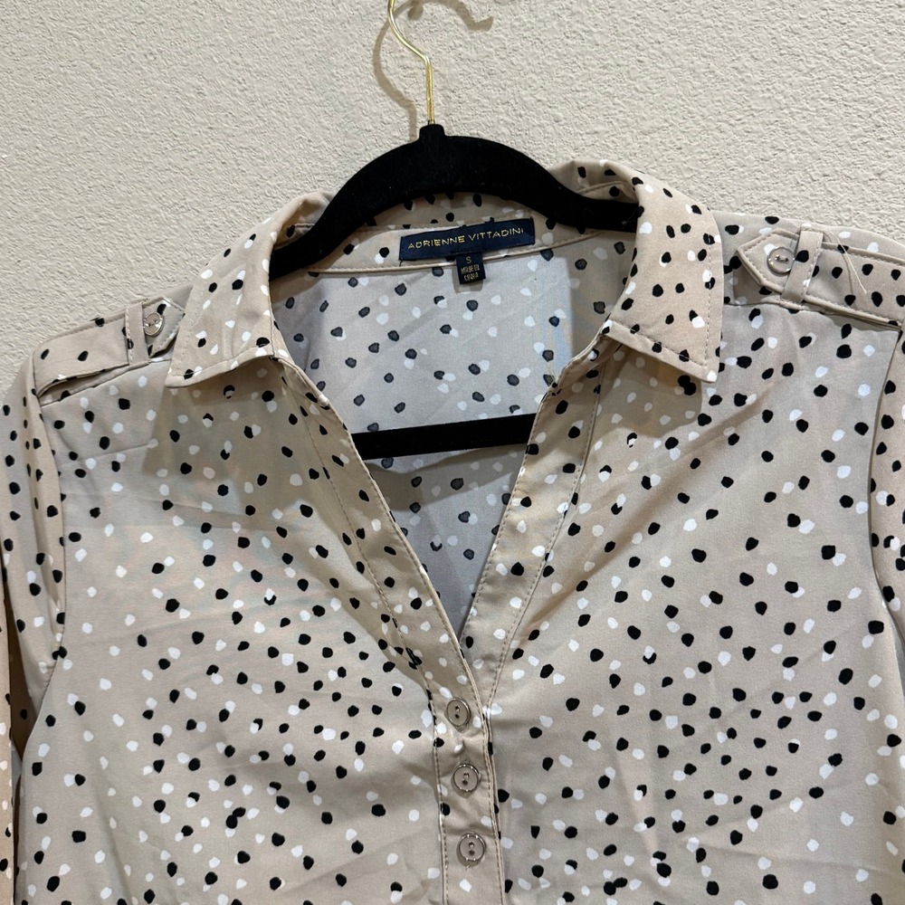 Adrienne Vittadini Womens Polka Dot Button Down 3/4 Sleeve‎ Blouse Small